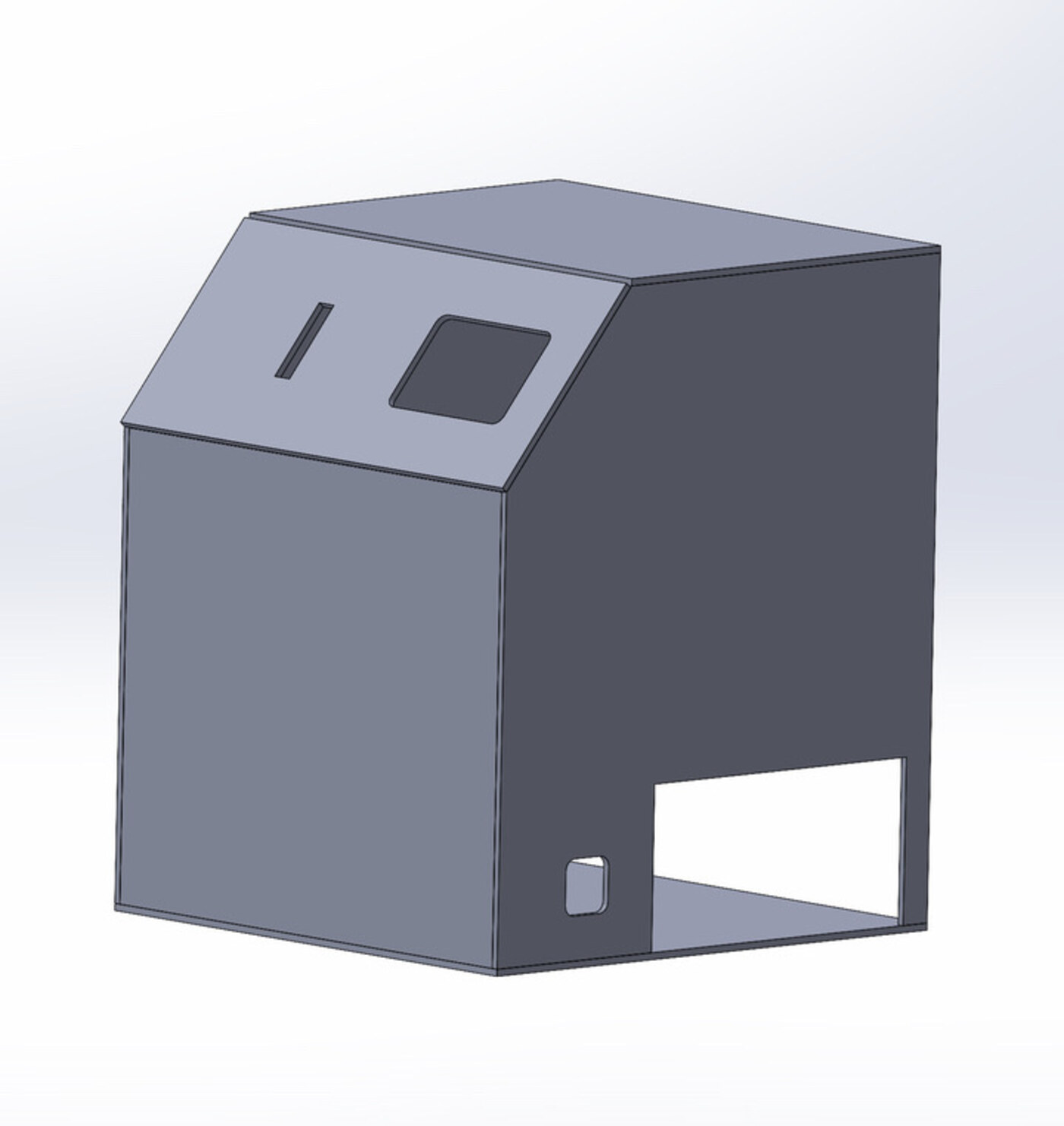 SolidWorks model of the ATM enclosure with coin slot, screen opening and tray opening