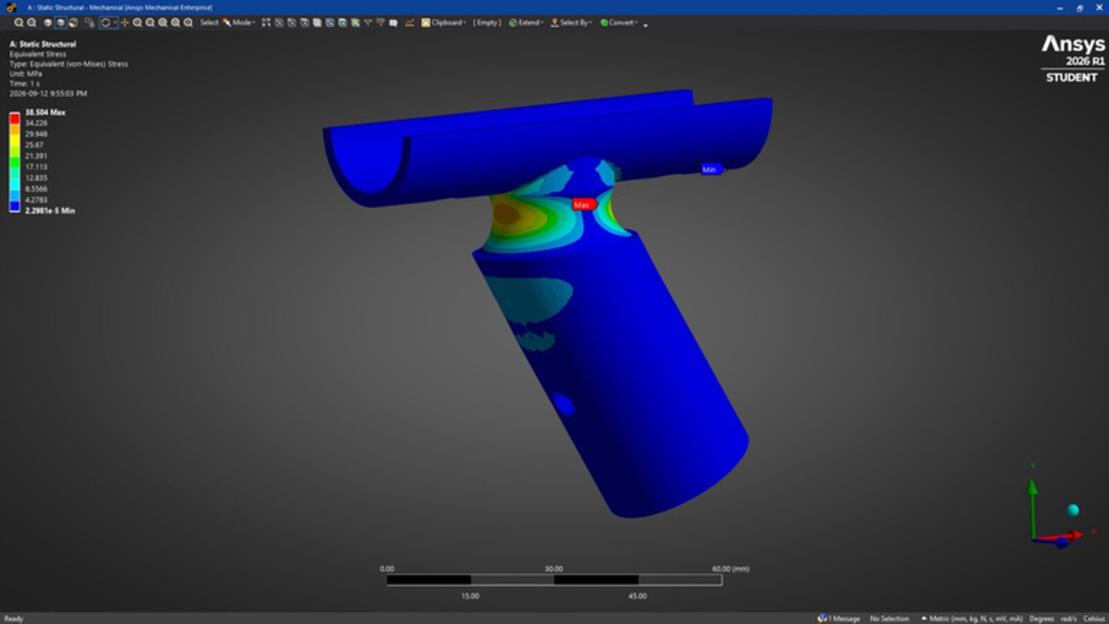 Stress contour on the landing-gear bracket at 4g in ANSYS