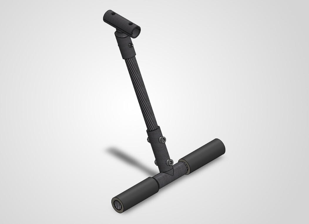 SolidWorks render of one Pegasus 1 landing-gear leg: carbon-fiber tubes, clamps and a T-shaped foot