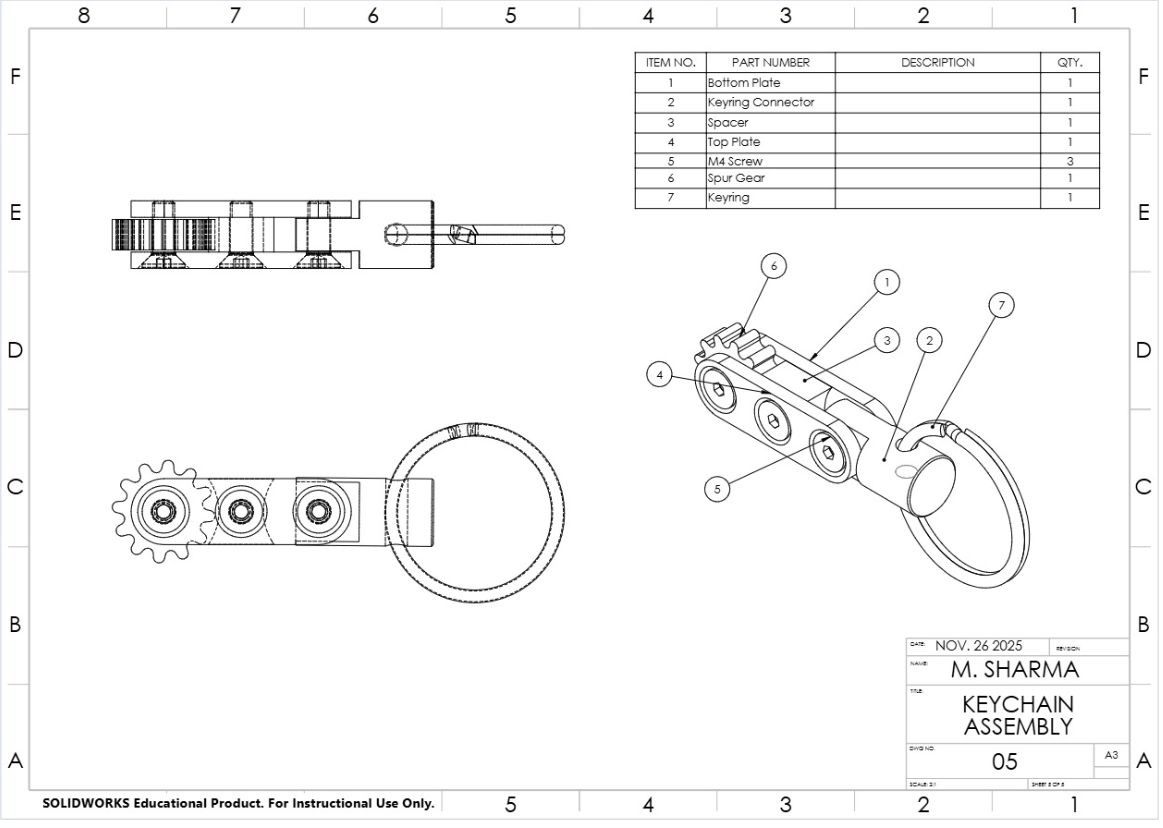 SolidWorks drawing sheet for the keychain assembly with parts list