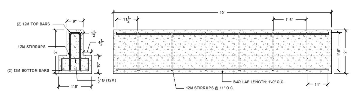 AutoCAD drawing of the T-beam section and reinforcement